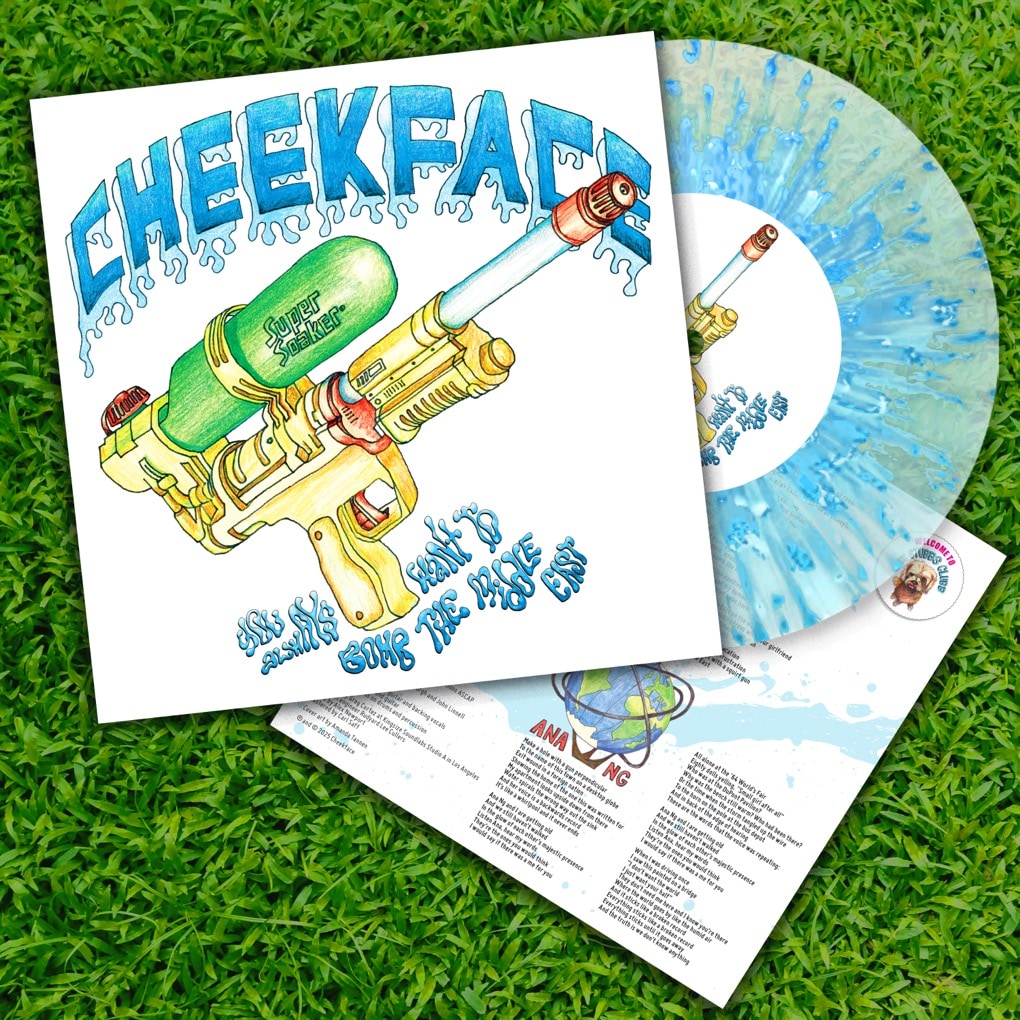 7" record with a squirt gun illustration and dripping blue letters that say Cheekface, You Always Want to Bomb the Middle East. Translucent record with blue splatter paint effect.